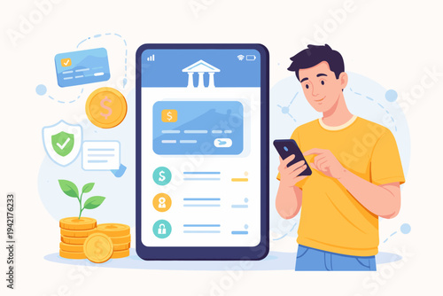 Man using a mobile banking app on his smartphone for online financial management, digital payments, and tracking investments with a bank interface, credit cards, and gold coins flat illustration.