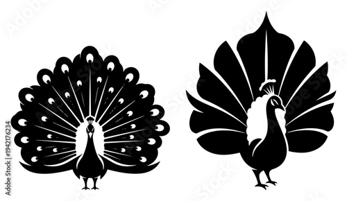 Peacock birds with open fanned tails in stylized black and white graphic silhouette style