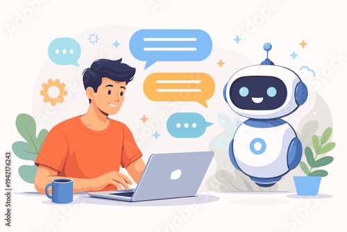 Man using laptop chatting with friendly AI robot assistant. Flat vector illustration of human-computer interaction, artificial intelligence chatbot, virtual support, and machine learning concept.