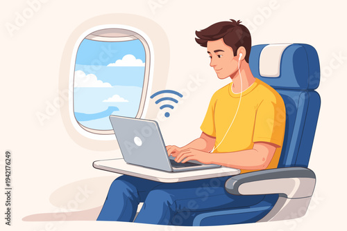 Flat vector illustration of a young man working on a laptop while sitting in an airplane seat, using inflight WiFi internet connection, wearing earphones, clouds visible through the cabin window.