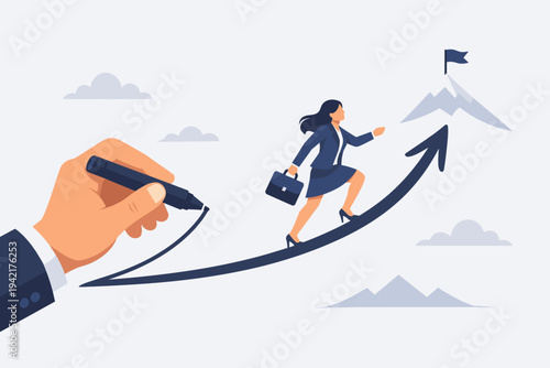 Businesswoman walking up a rising arrow drawn by a manager's hand towards a mountain peak with a flag, symbolizing career growth, mentorship, support, leadership, and achieving business success.