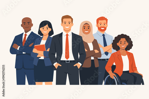 Inclusive Multinational Group of Confident Business Professionals. Diverse Corporate Team of Men and Women of Various Ethnicities, Including a Woman in a Hijab and a Person Using a Wheelchair.