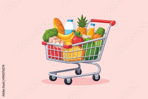 Flat Vector Illustration of a Metal Shopping Cart Filled with Healthy Groceries, Fresh Fruits, Vegetables, Bread, Milk, and Juice Isolated on a Pink Background for Retail and Food Concepts.