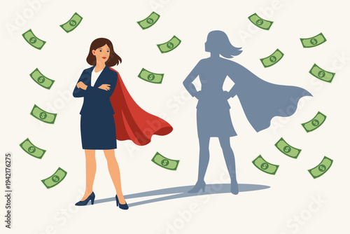 Successful Businesswoman in Suit with Red Superhero Cape Standing Confidently Under Money Rain with Powerful Shadow, Concept of Financial Success, Leadership, Wealth, and Female Empowerment.