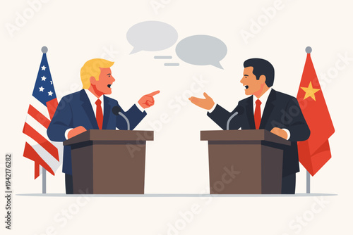Flat vector illustration of two political leaders representing the USA and China engaged in a heated debate at podiums with speech bubbles, symbolizing international relations and trade war.
