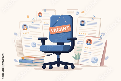 Flat Vector Illustration of an Office Chair with a Vacant Sign and Candidate CVs or Resumes in the Background, Representing Job Recruitment, Hiring Process, Human Resources, and Career Vacancy.
