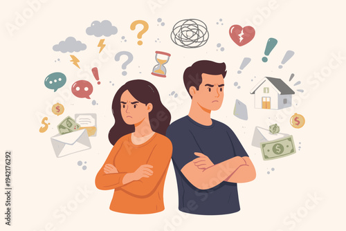 Angry Couple Standing Back to Back with Arms Crossed Having Relationship Problems, Financial Stress, and Communication Conflict, Vector Illustration of Domestic Dispute, Divorce, and Money Issues