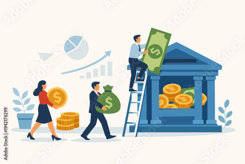 Business people making a bank deposit flat vector illustration. Man and woman carrying money bags, coins, and bills to a bank building. Financial growth, investment, and savings concept.