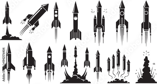 Black and white rocket ship silhouettes in various poses