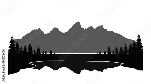 Majestic mountain range reflected in a tranquil lake surrounded by pine trees