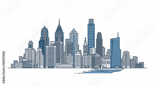 Philadelphia Skyline Illustration in Blue Tones with a Bridge and River