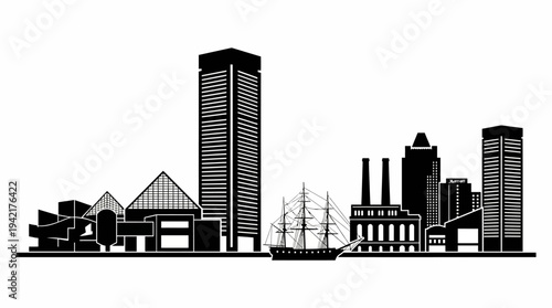 Monochromatic urban landscape featuring modern architecture and a classic sailing ship silhouette
