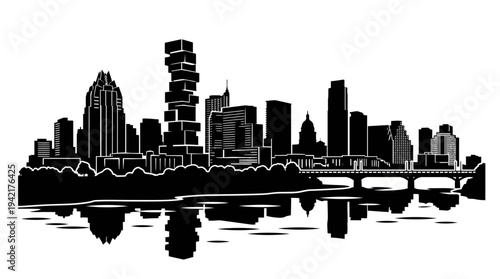 Austin Skyline Silhouette Black and White Illustration with Water Reflection