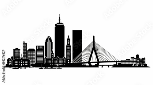 Dynamic silhouette of a modern metropolitan skyline featuring prominent architectural landmarks and an elegant cable-stayed bridge spanning a waterway
