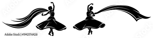 Indian female dancers in traditional clothing with flowing fabrics in dynamic silhouette style