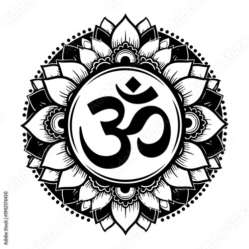 Om symbol centered in decorative lotus mandala in vintage engraving style