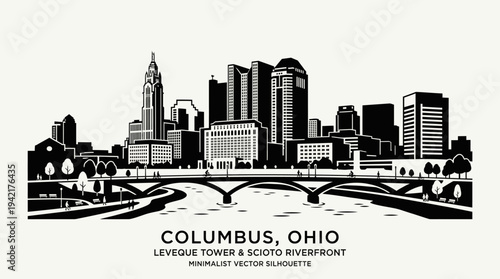 Columbus Ohio Skyline Silhouette with River and Bridge Vector Illustration