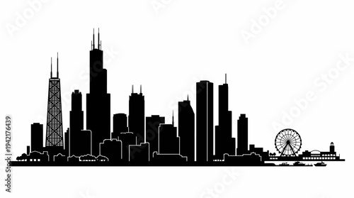 Dynamic panoramic silhouette of a modern urban cityscape, showcasing iconic architectural structures against a clear sky backdrop