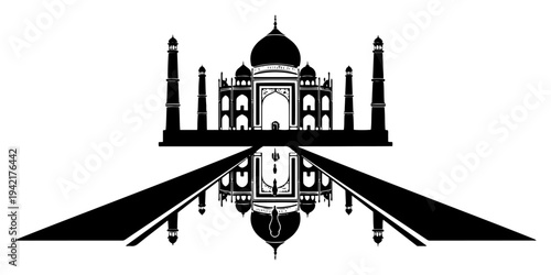 Taj Mahal architectural silhouette with water reflection in minimalist symmetrical style