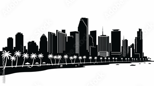 Iconic cityscape silhouette of a tropical coastal metropolis at dusk