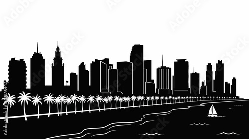 Black and white silhouette of a modern coastal city skyline with palm trees along the beach and a sailboat, capturing a serene urban panorama