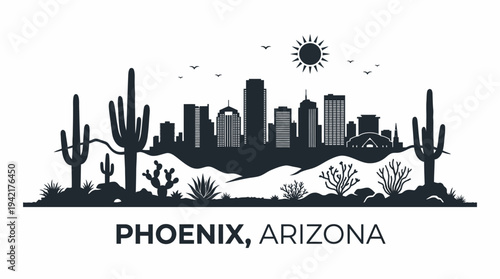 Phoenix Arizona Skyline Silhouette with Desert Cactus and Sun in the Background