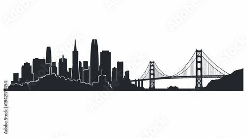 Iconic city skyline with a grand suspension bridge and high-rise buildings rendered in sleek black silhouette