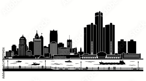Detroit skyline silhouette on the waterfront with boats and buildings