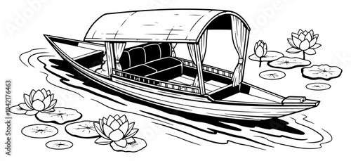 Shikara boat on Dal Lake with blooming lotus flowers in detailed line art style