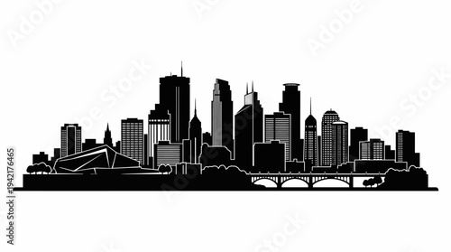 Minneapolis Skyline Silhouette Illustration of Iconic City Buildings and Bridge