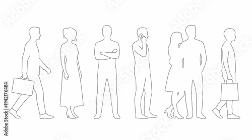 Modern vector outline set illustrating diverse men and women in various everyday poses and interactions for graphic design