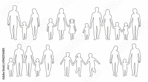 Stylized Vector Outlines of Various Family Structures Symbolizing Connection and Support