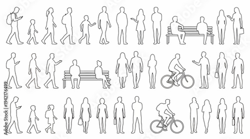 Monochrome Line Art People Illustrations Walking, Sitting, and Cycling Figures for Design
