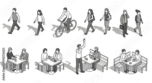 Modern isometric vector set illustrating diverse people engaged in urban and daily life activities