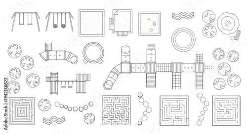 Top View Park and Playground Plan Symbols: Vector Line Art Collection of Recreational Equipment, Garden Mazes, and Outdoor Landscape Elements