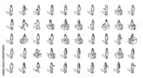 Diverse group of people sitting in various poses and activities illustrated in a minimalist style from different viewpoints.