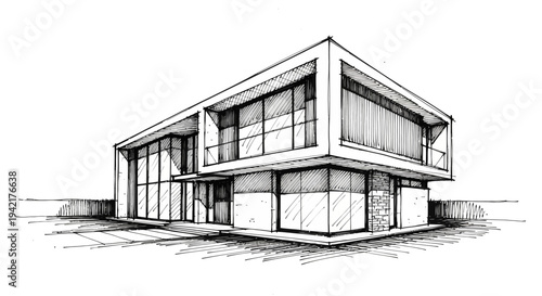 Modern house exterior illustration featuring large windows and sleek design viewed from the front
