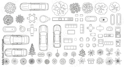 Top View Architectural Plan Symbols Set: Vector Line Art of Cars, Furniture, Trees, and Landscaping Elements for Site Map Design