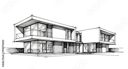 Modern house exterior architectural sketch viewed from the front with detailed windows and balcony