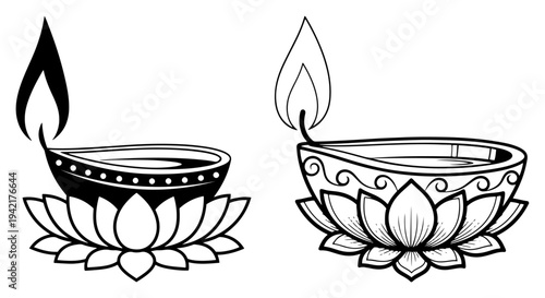 Burning diya oil lamps on blooming lotus flower bases in ornate black and white line art style