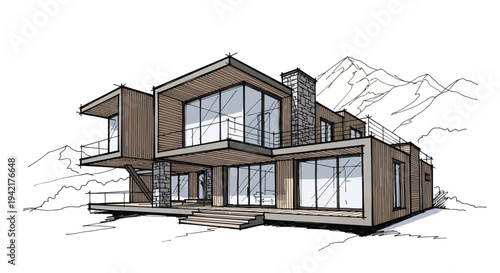Modern architectural design of a large luxury house with panoramic windows and mountain backdrop