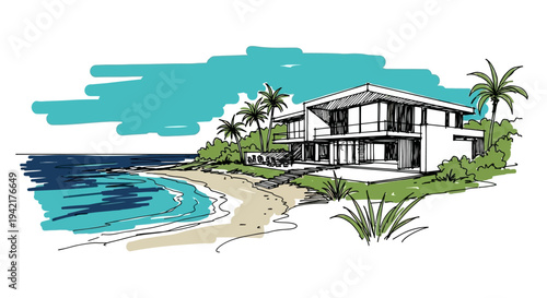 Modern beach house with palm trees and ocean view illustration