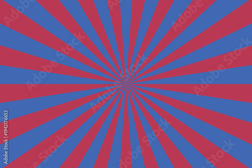 Vibrant red and blue radial sunburst pattern radiates from the center creating an energetic feeling