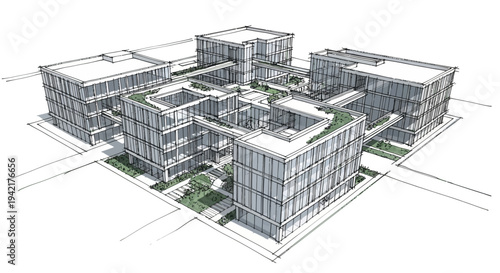 Aerial view of modern office buildings with green roofs and sleek glass facades in urban landscape