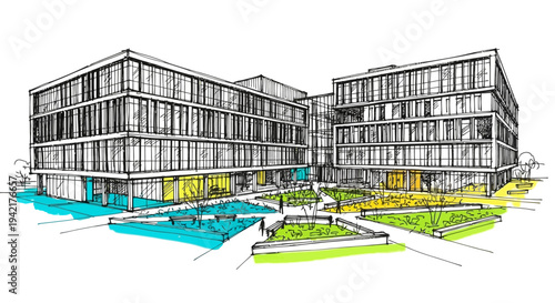 Modern architectural illustration of futuristic building complex with landscaped surroundings