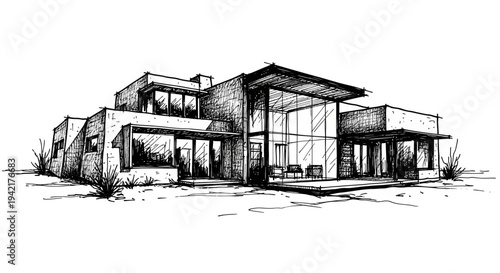 Modern Luxury Villa Architectural Sketch: Hand Drawn Pen and Ink Illustration of Contemporary Minimalist House Design with Glass Facade