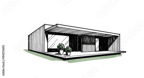 Modern Minimalist Pavilion Architectural Sketch: Hand Drawn Pen and Ink Illustration of a Contemporary Flat Roof Modular House with Wood Slats