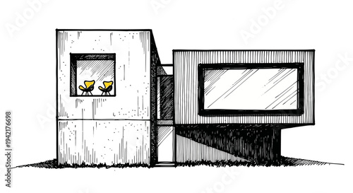 Modern building exterior sketch with large windows and abstract architectural details from a frontal viewpoint