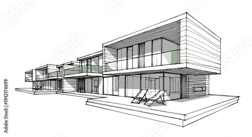 Architectural sketch of modern residential buildings showcasing contemporary design and minimalist aesthetics
