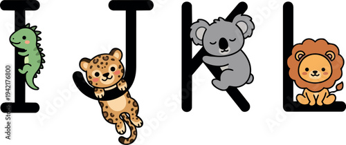 Cute cartoon animals interacting with alphabet letters i j k l featuring iguana leopard koala and lion in colorful vector art style